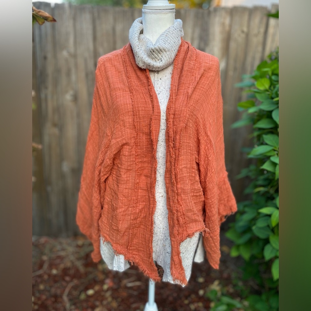 Gauze Cotton Orange Shawl Shrug Distressed